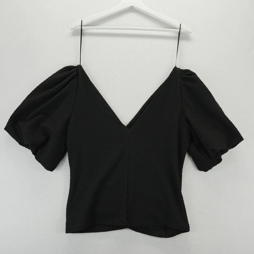 Free People Cupcake Top Black Textured V-Neck Puff Sleeve Ruched Top Size L